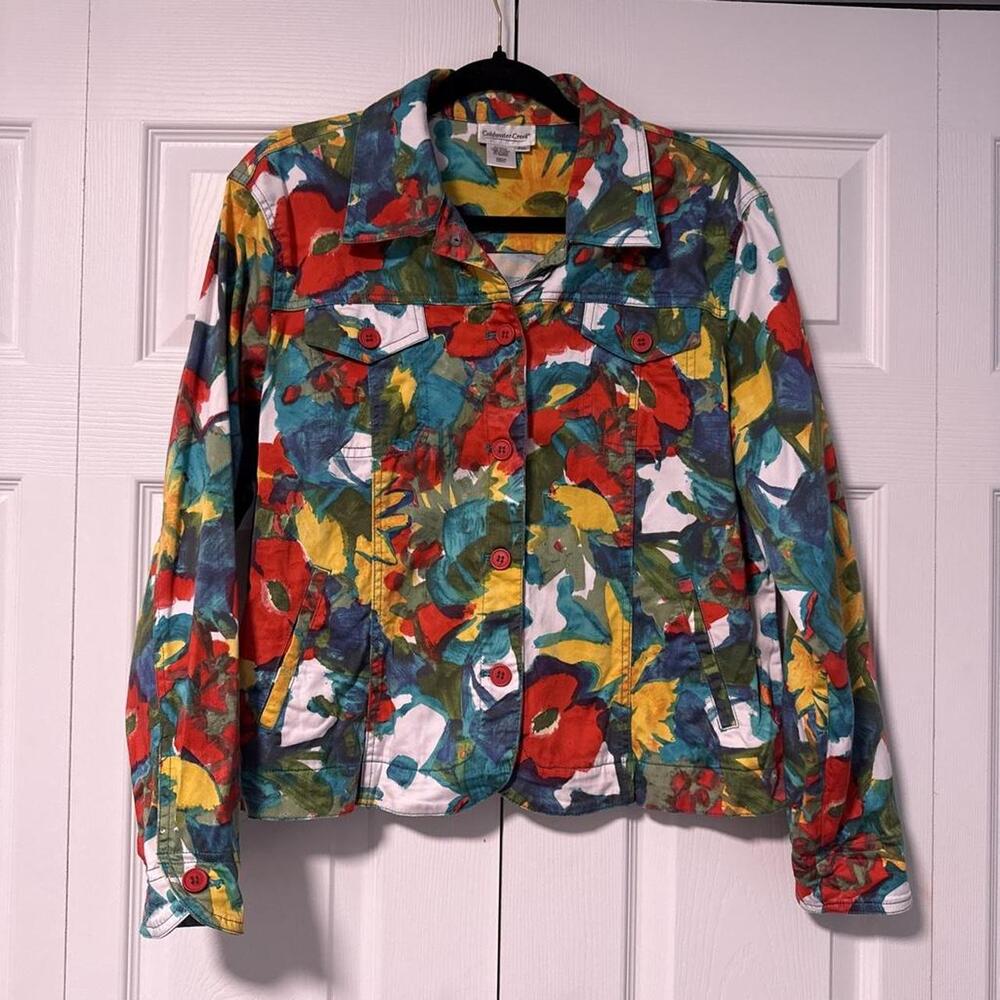 Coldwater Creek multicolored floral cotton & spandex jacket with red, yellow, an